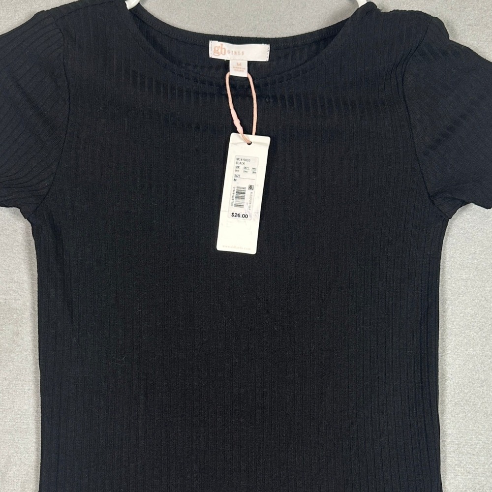 NEW GB Girls Top Kids Medium Black Ribbed Crew Neck Short Sleeve Casual Stretch